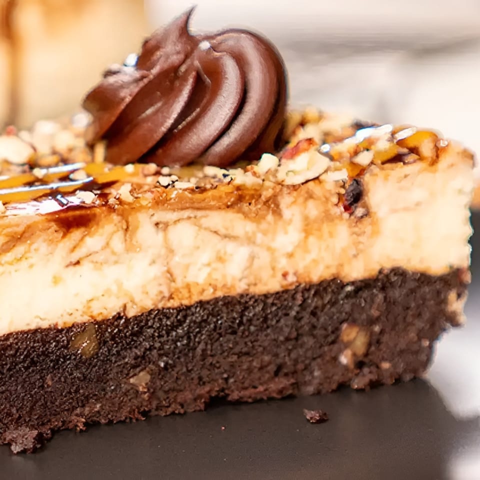 Close-up of a cheesecake slice with a brownie base, caramel, nuts, and chocolate swirl.